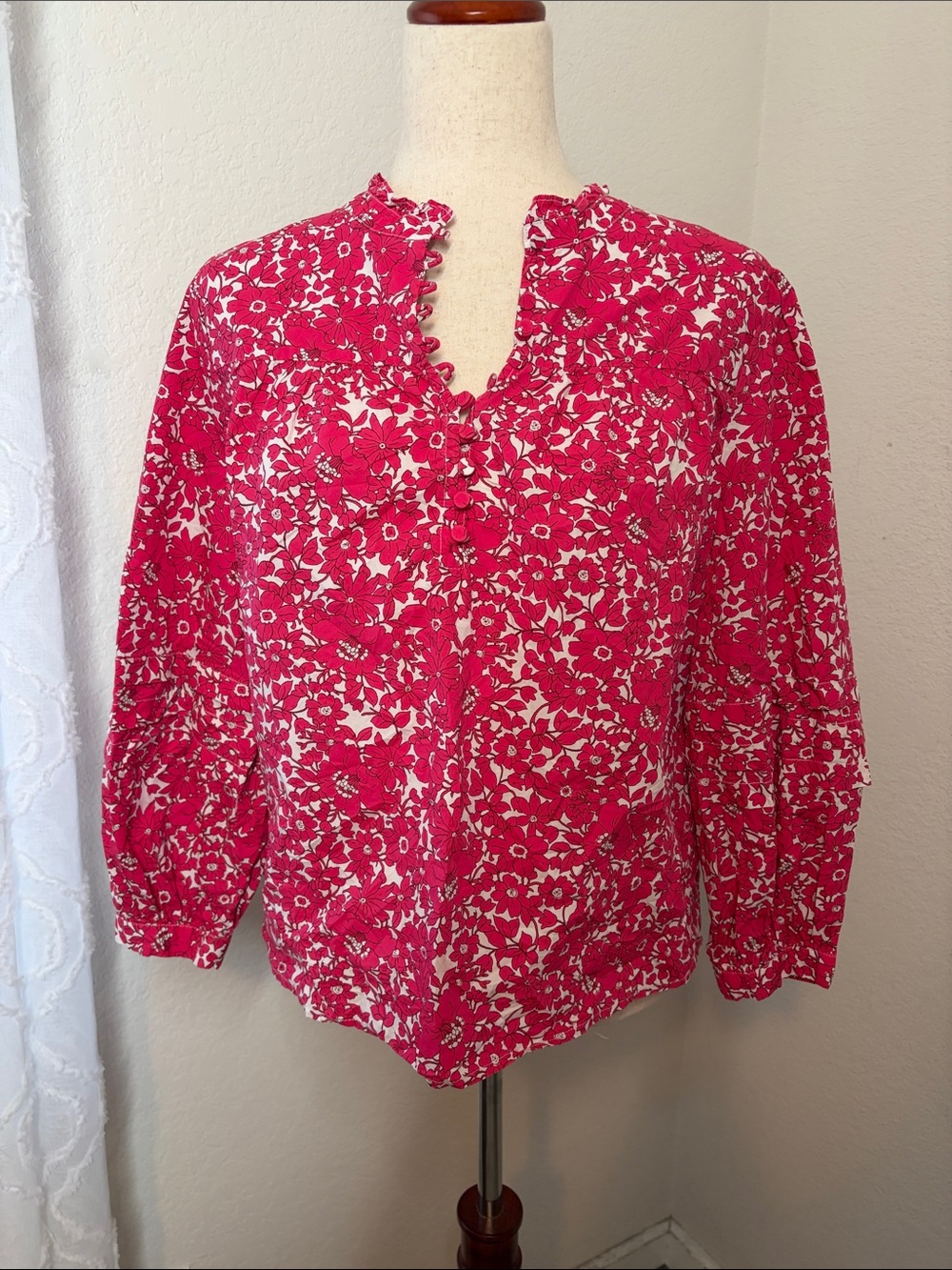 J.Crew M Pink Floral Cotton Popover Blouse Ruffle Trim Boho Peasant Top Cottage
